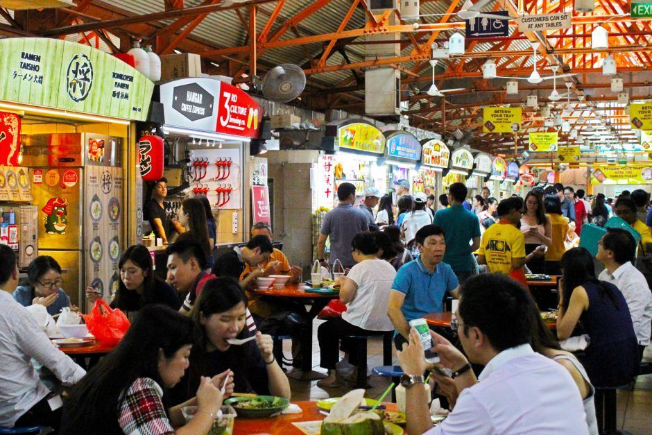 A busy eating centre called the Hawker Centre, in Singapore.